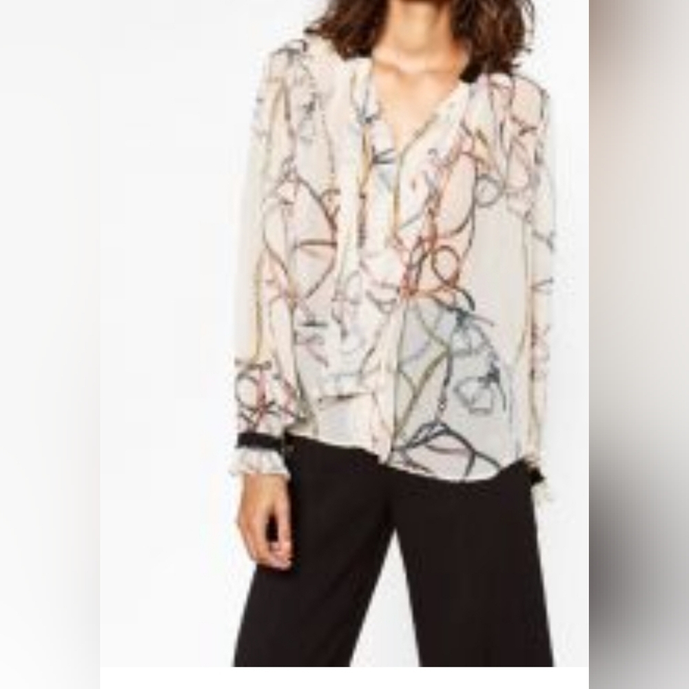 Zara Basic Collection Cream Top Rope Chain Pattern Tie Up Size‎ XS Sheer Light
